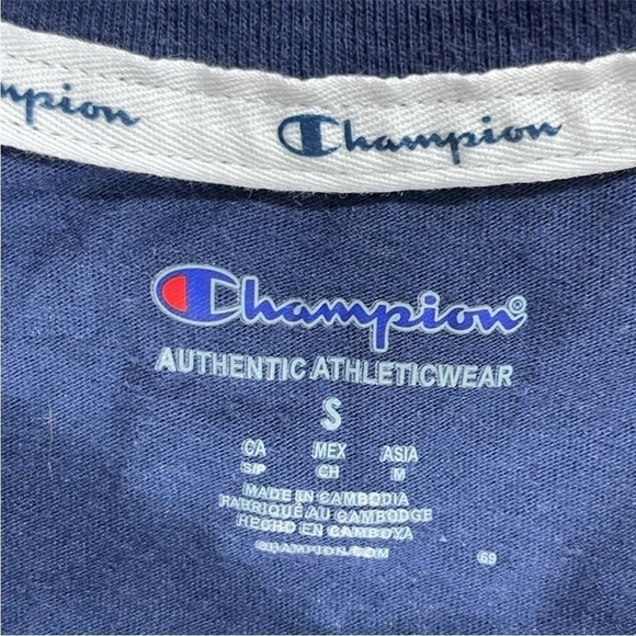 Champions Navy & White Box Cut Cotton Crewneck Cropped Mini Logo T-Shirt - Picture 6 of 8